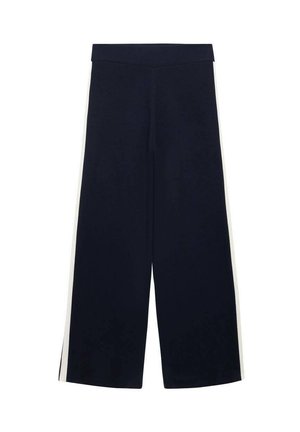 Navyblauwe wijdlopende broek met hoge tailleband en witte zijkanten, plat gelegd op een witte achtergrond.