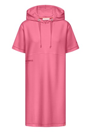 Pink short-sleeve hooded dress with drawstring, seam across chest, and subtle text on the left side and sleeve.