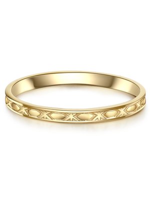 Bague en or avec un extérieur lisse et arrondi, ornée d'un motif en relief complexe de diamants et d'étoiles le long de l'anneau.