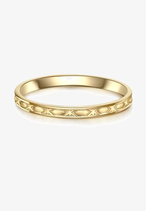 Zelta gredzens ar gludu, noapaļotu virsmu un sarežģītu, reljefa rakstu ar dimantiem un zvaigznēm gar joslu.