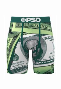 Grønne og hvite boxer briefs med grafisk trykk av amerikanske hundre-dollarsedler. Merket linning med "PSD"-logo. Glatt, elastisk stoff.