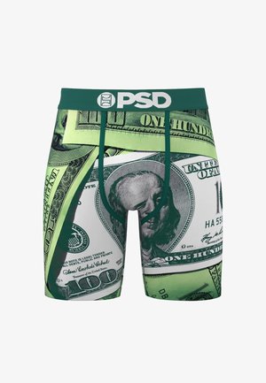 Calzoncillos bóxer en verde y blanco con un estampado gráfico de billetes de cien dólares estadounidenses. Cintura con la marca "PSD". Tela suave y elástica.