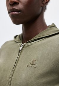 Kaader inimesest, kes kannab oliivirohelist lukuga dressipluusi, mille rinnal on väike tikandiga Championi logo.