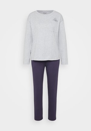 Light grey long-sleeve top with a small floral embroidery, paired with dark purple pants, both made from soft, comfortable fabric.