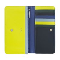 Portafoglio in pelle di un brillante giallo e blu navy. Include una tasca con zip e diversi scomparti per carte in varie tonalità di blu e verde.