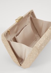 Třpytivé zlaté psaníčko s tvrdým povrchem, zapínáním na cvoček a měkkou podšívkou s kapsou. Hladká textura a obdélníkový tvar.