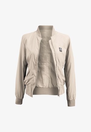 Beige bomber jacket with a smooth exterior, zip closure, ribbed cuffs, and hem. Features logo patch on the left side. Light, casual design.