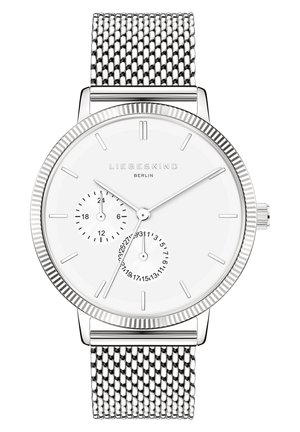 Hopeinen Liebeskind Berlin rannekello, jossa on valkoinen kellotaulu, verkkoranneke, kaksi aputaulua 24 tunnin ajan ja päivämäärän näyttämiseen sekä minimalistiset tuntimerkinnät.