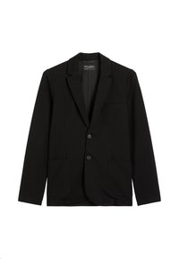 Schwarzer Blazer aus glattem Stoff, mit einem Reverskragen, zwei vorderen Taschen und zwei Knöpfen. Einfaches Design ohne sichtbare Muster.