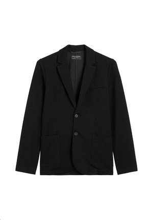 Black blazer made of smooth fabric, featuring a notched lapel, two front pockets, and two buttons. Simple design with no visible patterns.