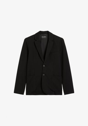 Czarna marynarka z gładkiego materiału, z klapami, dwiema przednimi kieszeniami i dwoma guzikami. Prosty design bez widocznych wzorów.