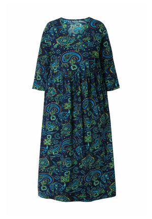Abito a maniche lunghe di colore blu navy con un motivo paisley in verde e blu. Presenta una vita arricciata e un collo rotondo, realizzato in un tessuto leggero.