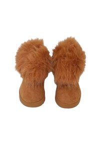 Stivaletti alla caviglia di colore tan con morbida pelliccia marrone chiaro nella parte superiore e una texture in suede soffice. Suole in gomma piatta e design semplice, adatti per un abbigliamento casual.