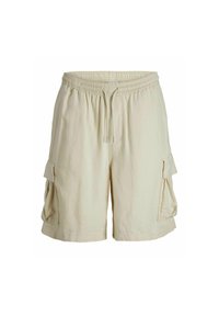 Shorts cargo beiges en tissu léger, dotés d'une taille élastique, d'un cordon de serrage et de deux poches latérales.