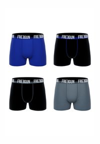 Quatre paires de boxeurs pour hommes : une bleue, une noire, une noire avec des accents bleus, et une grise. Toutes possèdent une ceinture noire avec le logo "FREEGUN".