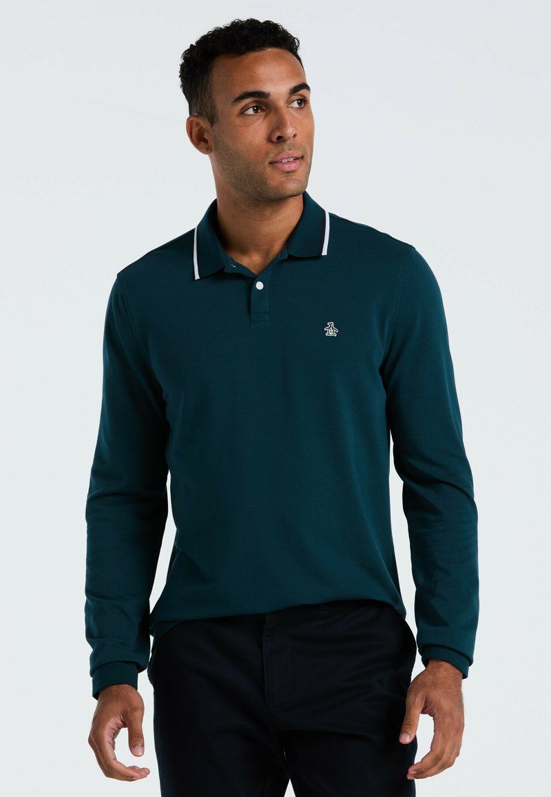 Teal longsleeve polo shirt van textiel met structuur, met een twee-knops placket, witte kraagaccenten en een klein logo op de borst.