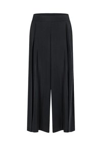 Black wide-leg trousers made of soft fabric, featuring pleats at the front, an elastic waistband, and a cropped length.