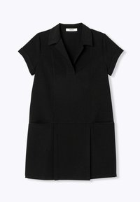 Robe noire à col, à manches courtes, design structuré, deux poches avant, détail plissé à l'ourlet, fabriquée dans un tissu lisse.