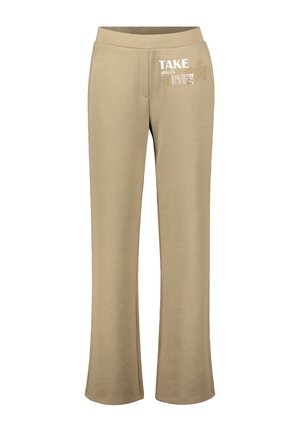 Beige sweatpants made of soft fabric, featuring a wide-leg design and printed text "TAKE your TIME," with a textured star accent.