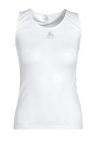 Weißes sportliches Tanktop aus atmungsaktivem Material, mit einem strukturierten Mesh-Design und einem runden Ausschnitt. Logo zentral platziert.