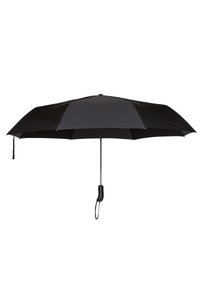 Czarna parasolka z zaokrąglonym daszkiem, metalową ramą i zakrzywioną rączką. Wyposażona w pasek do łatwego noszenia oraz mechanizm zamykający.