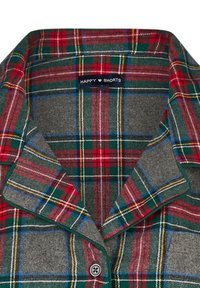 Chemise à carreaux présentant un mélange de motifs rouges, verts et gris, avec des accents bleus et jaunes. Texture douce avec une fermeture boutonnée et un col.