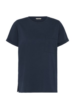 Marineblaues T-Shirt mit kurzen Ärmeln, Rundhalsausschnitt, Brusttasche auf der linken Seite, umgekrempelten Ärmelbündchen und kleinen Seitenschlitzen am Saum.