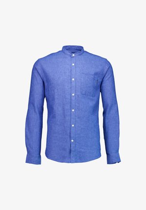 Niebieska lniana koszula z długimi rękawami, kołnierzykiem bez kołnierza, zapięciem na guziki z przodu, pojedynczą kieszenią na piersi i subtelną fakturą.