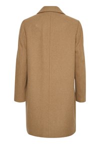 Manteau en laine marron avec un col cranté et des manches longues. Présente une coupe droite et un design sans couture, mettant en valeur une texture lisse.