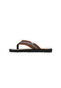 Brown woven fabric sandals with black rubber sole, featuring a decorative strap with blue and white floral patterns.