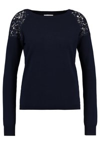 Pull en maille marine avec des manches longues, un col rond et des détails en dentelle sur les épaules. Texture lisse avec un ourlet côtelé.