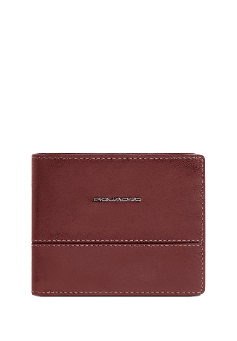 Red leather wallet with a smooth texture, featuring a silver logo and clean stitching. Compact rectangular shape with card slots.