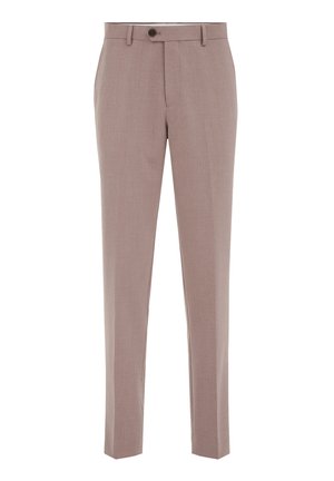 Licht taupe op maat gemaakte broek met een gladde textuur, slim fit en een enkele sluiting met een knoop aan de voorkant. Heeft ingestikte plooien voor een verfijnde uitstraling.