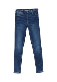 Jean skinny en denim bleu foncé, doté de cinq poches, d'une fermeture éclair et d'un léger délavage sur les cuisses. Design classique avec une texture lisse.