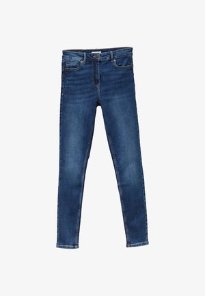 Jeans skinny in denim blu scuro, con cinque tasche, una chiusura con zip e leggeri sbiadimenti sulle cosce. Design classico con una texture liscia.