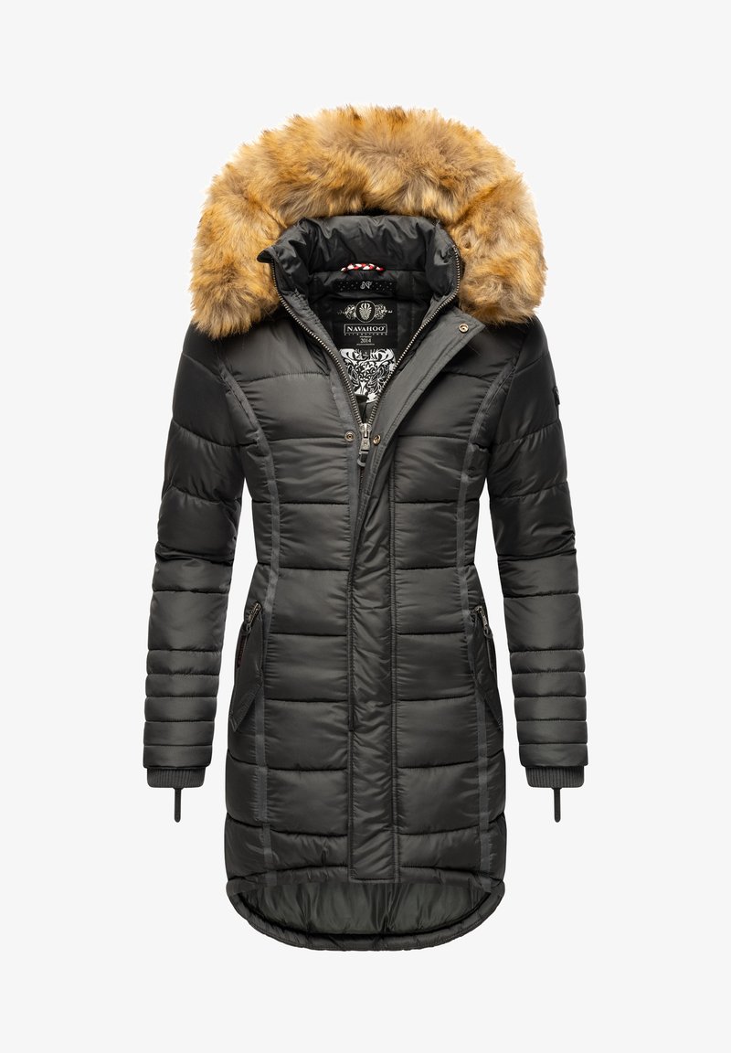 Must must coat faux karusnahkade kapuutsiga, vertikaalne tikandid, lukuga esiküljel ja küljetaskud. Tekstuuritud detailid varrukatel.