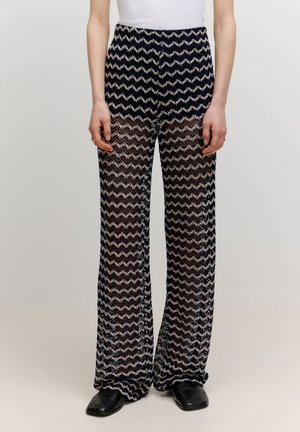 Lace-patterned wide-leg pants in navy and cream, featuring a zigzag design, textured knit material, and a high waistband.