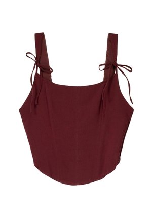 Bordeauxrode mouwloze cropped top met vierkante halslijn en verstelbare strikbandjes op een witte achtergrond.