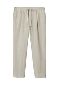 Pantalon en lin beige avec cordon de serrage, taille élastique et poches latérales, coupe décontractée, idéal pour une tenue casual.