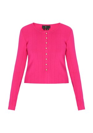 Aangesloten trui met lange mouwen in levendig roze, gemaakt van geribd stof. Voorzien van een ronde halslijn en vijf parelmoerachtige knopen aan de voorkant.