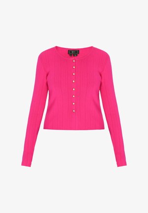 Pulover croșetat cu mâneci lungi, într-o nuanță vibrantă de roz, realizat din material nervurat. Are un decolteu rotund și cinci nasturi asemănători cu perlele pe partea din față.