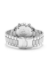 Silver stainless steel chronograph watch with polished and brushed link bracelet, round case, and engraved logo on the back.