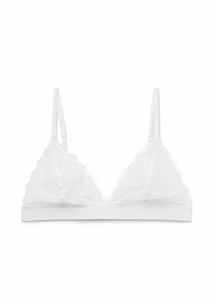 Weißer Spitzen-Bralette mit verstellbaren dünnen Trägern, dreieckigen Cups und einem weichen elastischen Bund unter der Brust auf weißem Hintergrund.