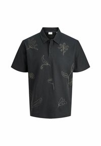 Zwarte polo shirt met een gestructureerde afwerking, met groene bloemenborduursels, een kraag en een knooppaneel met drie knopen.