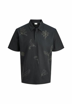 Zwarte polo shirt met een gestructureerde afwerking, met groene bloemenborduursels, een kraag en een knooppaneel met drie knopen.