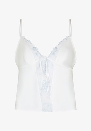 Camisole di raso bianco con bordo in pizzo, ricamo floreale, spalline sottili e dettaglio fiocco annodato sul davanti.