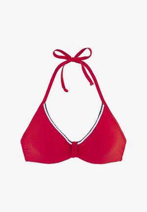 Červený bikiny top na krk v trojuholníkovom tvare, s bielymi a čiernymi tónmi a centrálnym detailom mašle. Hladká textúra látky.