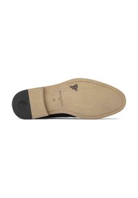 Shoe sole featuring a smooth beige surface, a black rubber heel, with a logo imprint and size 42 marked on it.