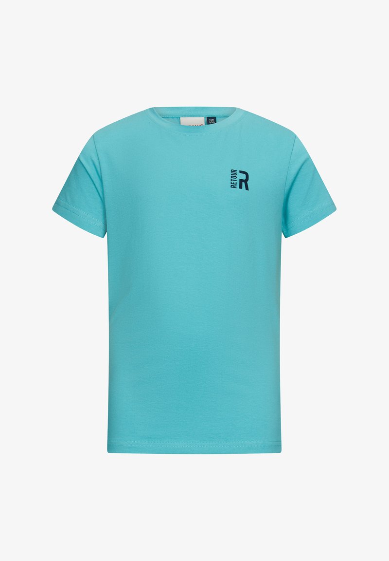 T-shirt di cotone azzurro chiaro con maniche corte. Presenta un piccolo logo nero "RET" sulla parte sinistra del petto. Design dritto.