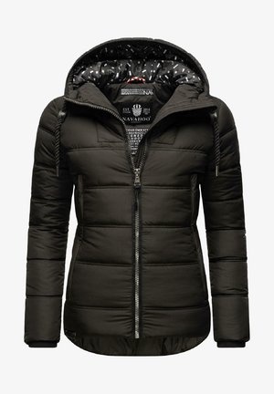 Must must jacket, millel lukuga, reguleeritava kapuutsiga, soonikkoes varrukatega ja läikiva viimistlusega. Kaetud mustrilise voodriga.